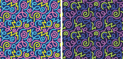 Fototapeta premium Set of two seamless abstract pattern with colorful doodle elements. Vector neon backgrounds
