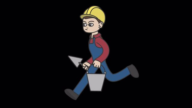 White male builder in a hard hat runs holding a spatula and a bucket. Looped 4K video with alpha-channel.