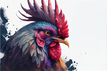Rooster profile portrait on white background. Watercolor painting.