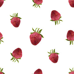 A pattern of red strawberries on a white background. For fabric, textiles, wrapping paper, stationery.