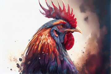 Rooster profile portrait on smoke background. Watercolor painting.
