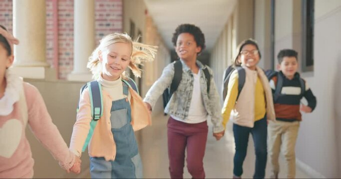 School, holding hands and children in hallway running with backpack, excited for learning and education. Smile, fun and knowledge, happy young students together outside classroom with playful energy.