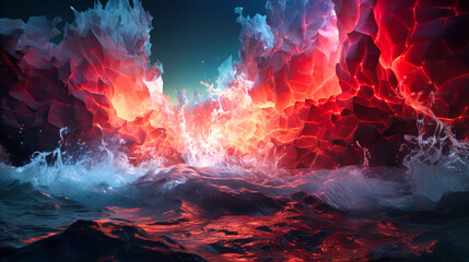 Neon paint waves crashing on an abstract shoreline, their splashes freezing mid-air