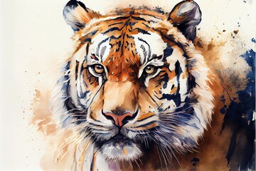 Watercolor portrait of tiger head on white