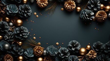 Christmas background with fir branches, pine cones and empty space. AI generated