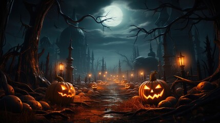 Fototapeta na wymiar halloween evil pumpkin at night with glowing candle eyes horror