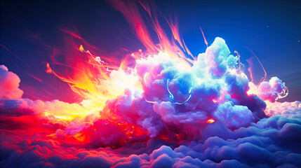 Layers of neon paint clouds drifting in a glowing sky, casting radiant shadows below