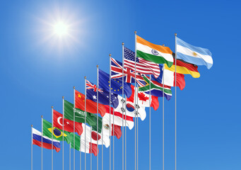 20 flags. G20 summit is the upcoming eighteenth meeting of Group of Twenty, New Delhi, India in 2023. Sky background. 3d Illustration.