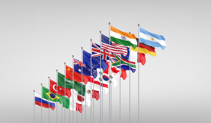 20 flags. G20 summit is the upcoming eighteenth meeting of Group of Twenty, New Delhi, India in 2023. Grey background. 3d Illustration.