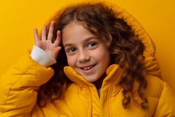 Close-up portrait photography of a satisfied kid female making a telephone call gesture with the hand against a bright yellow background. With generative AI technology