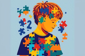 Little boy colorful puzzle head paper cut concept. Autism, World autism awareness day. Symbol of autism. Health care ,banner or poster of World autism awareness day.