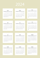 Calendar 2024 in minimalist style on white. Week start with Sunday. Vector illustration