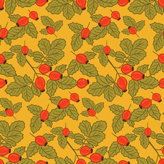 Flat hand drawn dogrose leaves and berries pattern. Autumn simple cartoon design. Isolated vector dirty green leaves and red berries on orange background. Good for decoration, textile, wrapping