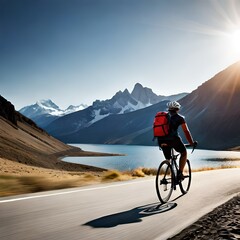 Cyclist on the road in mountains, Generative AI 