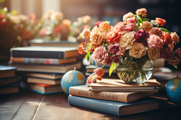 Naklejka na ściany i meble Vase of flowers with globe and books on a wooden table.