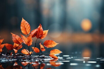 Autumn maple leaves with water drops on dark background. Autumn background
