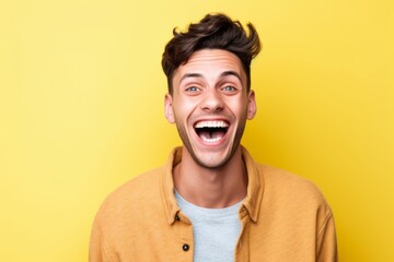 Headshot portrait photography of a glad boy in his 20s placing the hand over the mouth in a laughter gesture against a pastel yellow background. With generative AI technology