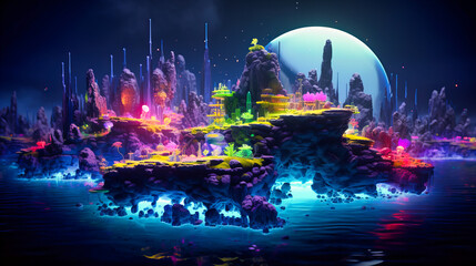 Neon paint archipelagos, floating islands in a sea of radiant color