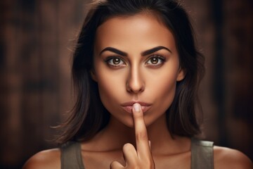 Close-up portrait photography of a beautiful girl in her 30s making a silence gesture by putting the index finger on the lips against a rustic brown background. With generative AI technology