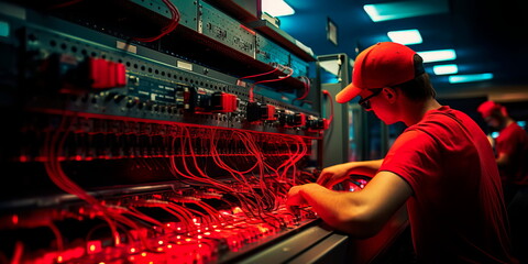 electrician working on a complex electrical panel, ensuring the proper functioning of a power system.