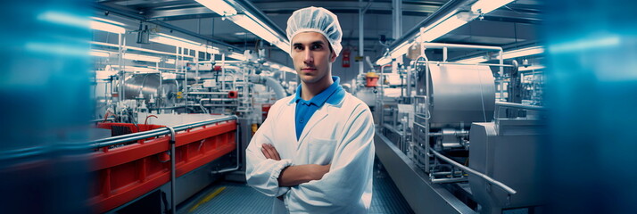 portrait of a worker in a food processing plant, ensuring quality and safety standards are met. - obrazy, fototapety, plakaty