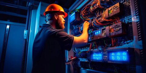 electrician working on a complex electrical panel, ensuring the proper functioning of a power system.