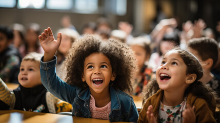 A group of diverse students eagerly raise their hands in a classroom ready for a new school year 