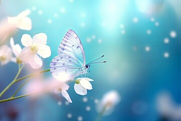 Beautiful white butterfly on white flower buds on a soft blurred blue background spring or summer in nature. Gentle romantic dreamy artistic image, beautiful round, Generative AI - obrazy, fototapety, plakaty