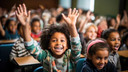 A group of diverse students eagerly raise their hands in a classroom ready for a new school year 