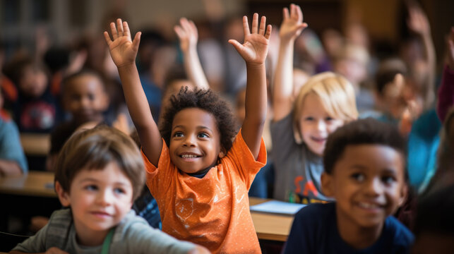 A group of diverse students eagerly raise their hands in a classroom ready for a new school year 