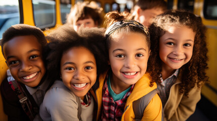 A group of students excitedly gather around a colorful school bus ready to embark on their educational journey 