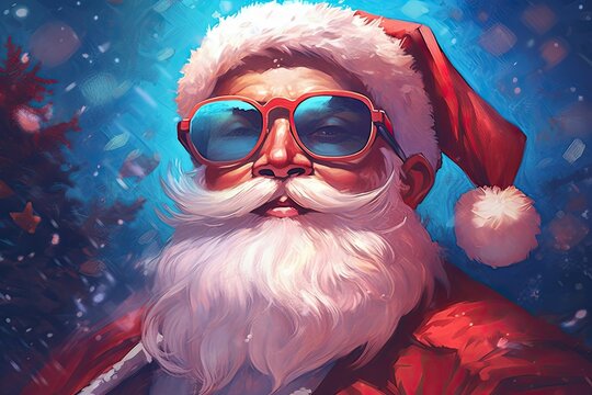 Cool Santa Claus in red clothes and cap in sunglasses on a blue background