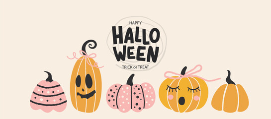 Happy halloween banner with funny hand drawn pumpkins.Vector illustration