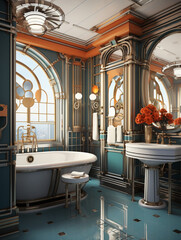 a bathroom in a art deco style apartment, created with Generative AI technology