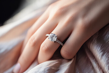Close-up of a young woman wearing a diamond ring on her left ring finger, a gift from a marriage proposal. Happiness concept suitable for marriage or engagement. - obrazy, fototapety, plakaty