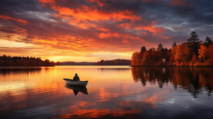 A breathtaking autumn sunset over a serene lake with a lone fisherman in silhouette background with empty space for text 