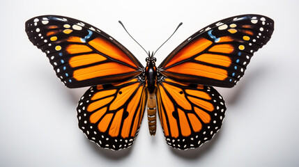 Fototapeta premium A majestic monarch butterfly in mid-flight symbolizing the awe-inspiring journey of migration against a pure white backdrop 