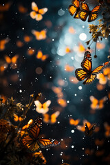 A mesmerizing close-up shot of a cluster of Monarch butterflies background with empty space for text 