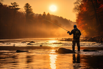 A silhouette of a fisherman casting his line into a golden-hued autumn lake as the sun sets in the background 