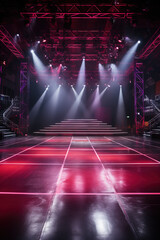 A stylish runway with empty seats and a catwalk background with empty space for text 
