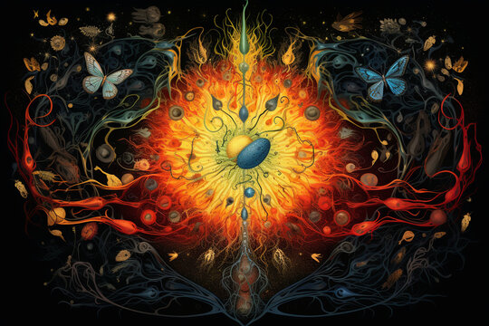 Visualization of metamorphosis occurring during cellular division, symbolizing the intricate creation and growth of life, love and creation