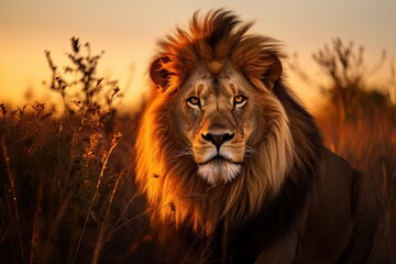 Fototapeta premium male lion in the wild at sunrise - majestic predator - safari adventure - wildlife encounter - generative ai