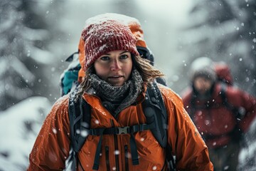 woman hiking through the snow - outdoor journey - frosty expedition in cold wilderness - generative ai