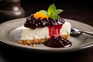 delicious cheesecake with berries - dessert menu - sweet cheese cake isolated on plate with black background for dessert card - generative ai