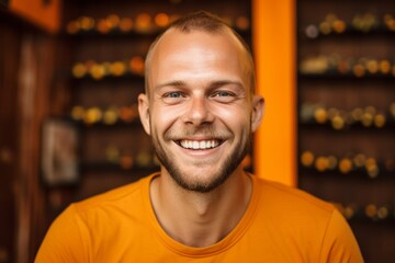Fototapeta premium Headshot portrait photography of a grinning boy in his 30s giving a hug to the camera against a tangerine orange background. With generative AI technology