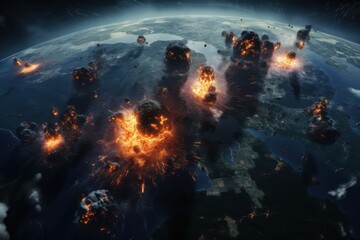 Nuclear war. Satellite view of the explosion of a huge nuclear bomb on the surface of the Earth. Judgment day for all mankind.