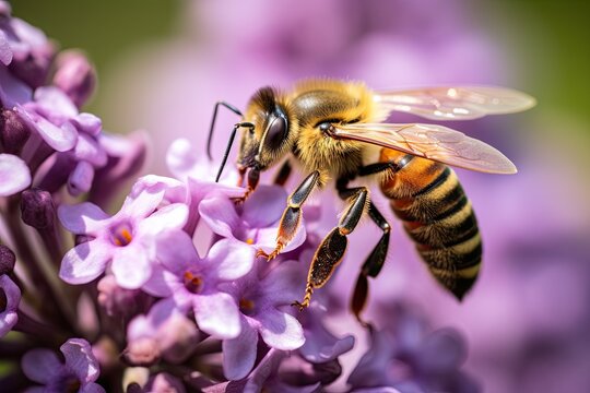 close up of a bee on purple flower - marco nature beauty - honeybee close-up - generative ai
