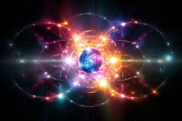 Obraz premium Visualization of atomic nuclei undergoing fusion, illustrating the powerful metamorphosis and creation of energy within stars, love and creation