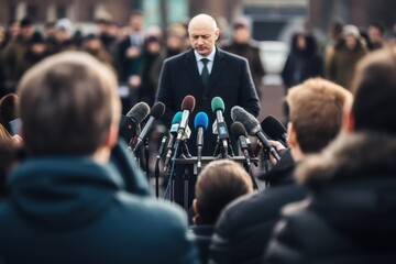 Typical politician makes unrealistic promises during a press conference. Lots of reporters with microphones and cameras. Election promises. - obrazy, fototapety, plakaty