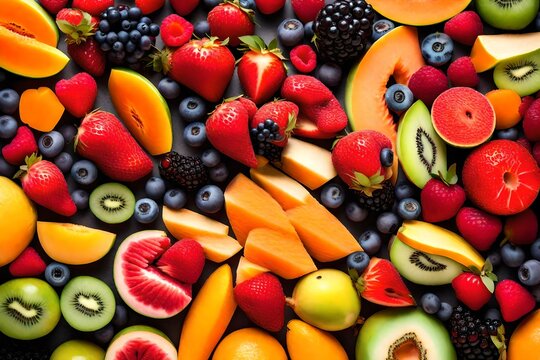 a fresh fruit platter, with an assortment of juicy berries, sliced melon, and tropical fruits arranged in perfect harmony